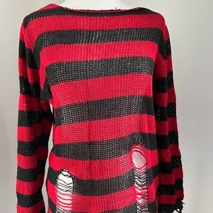 Intentionally frayed knit red and black sweater, size large